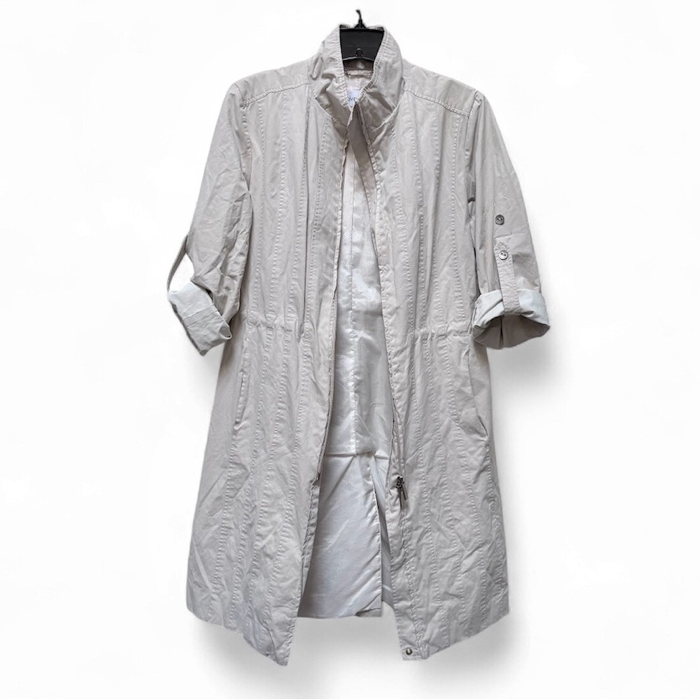 Calvin Klein Light Gray Coat Small Cinch Tie Waist Rolled Sleeves Zippered Front